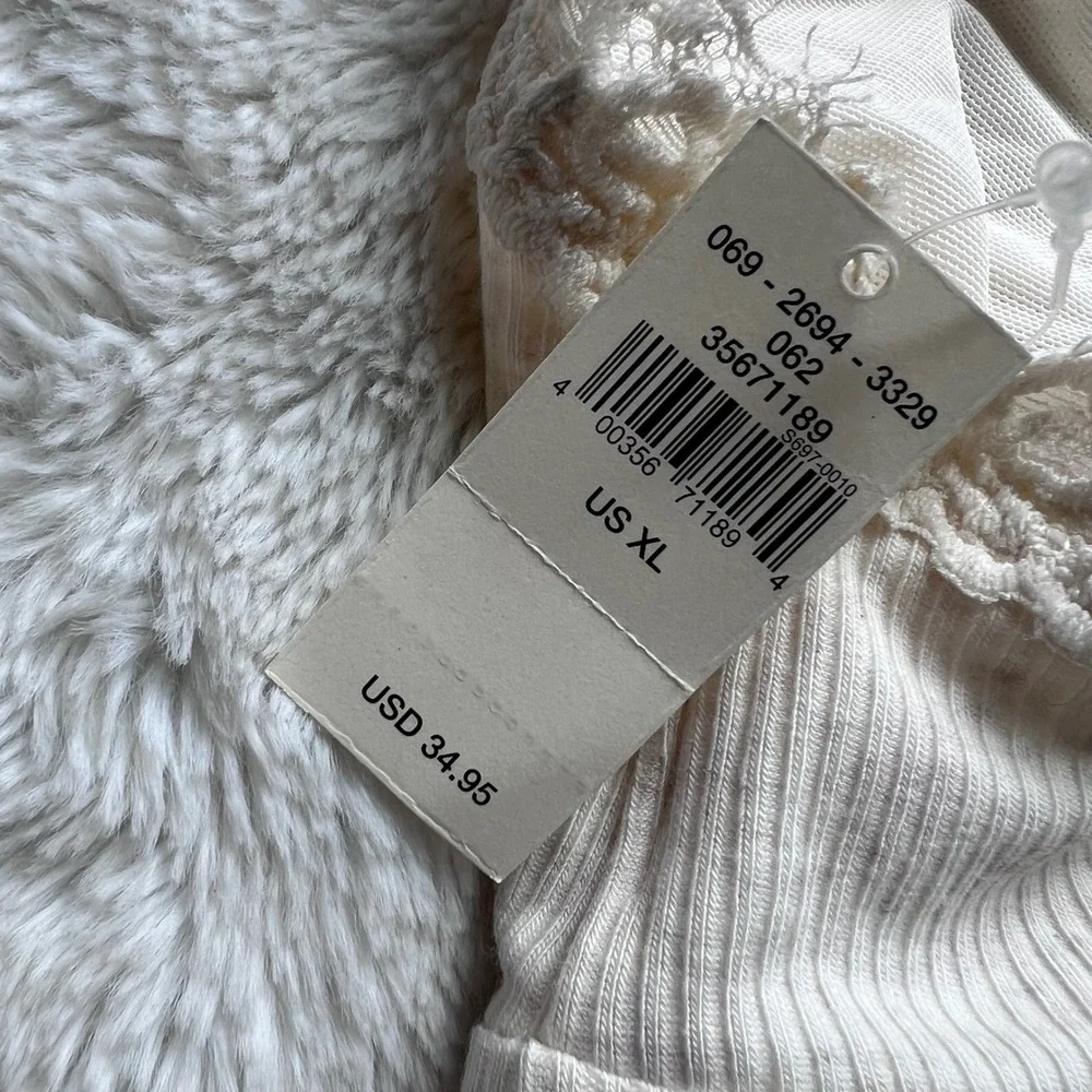 Aerie Ribbed Lace Trim Bralette Cream Wireless Longline XL 069-2694-3329 NWOT